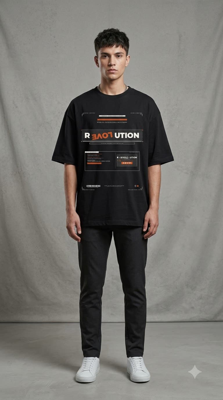 MUDDLY Unisex Oversized Heavyweight Tee (BLACKREVOL) in Black - 240 GSM French Terry Cotton oversized fit - View Angle 4