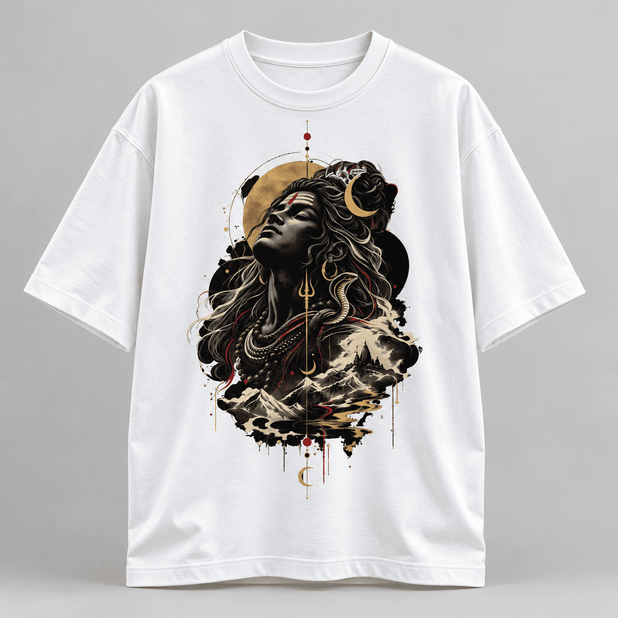 MUDDLY Unisex Oversized Classic T-Shirt (SHIVA MAHADEV) in White - 240 GSM French Terry Cotton oversized fit - View Angle 3