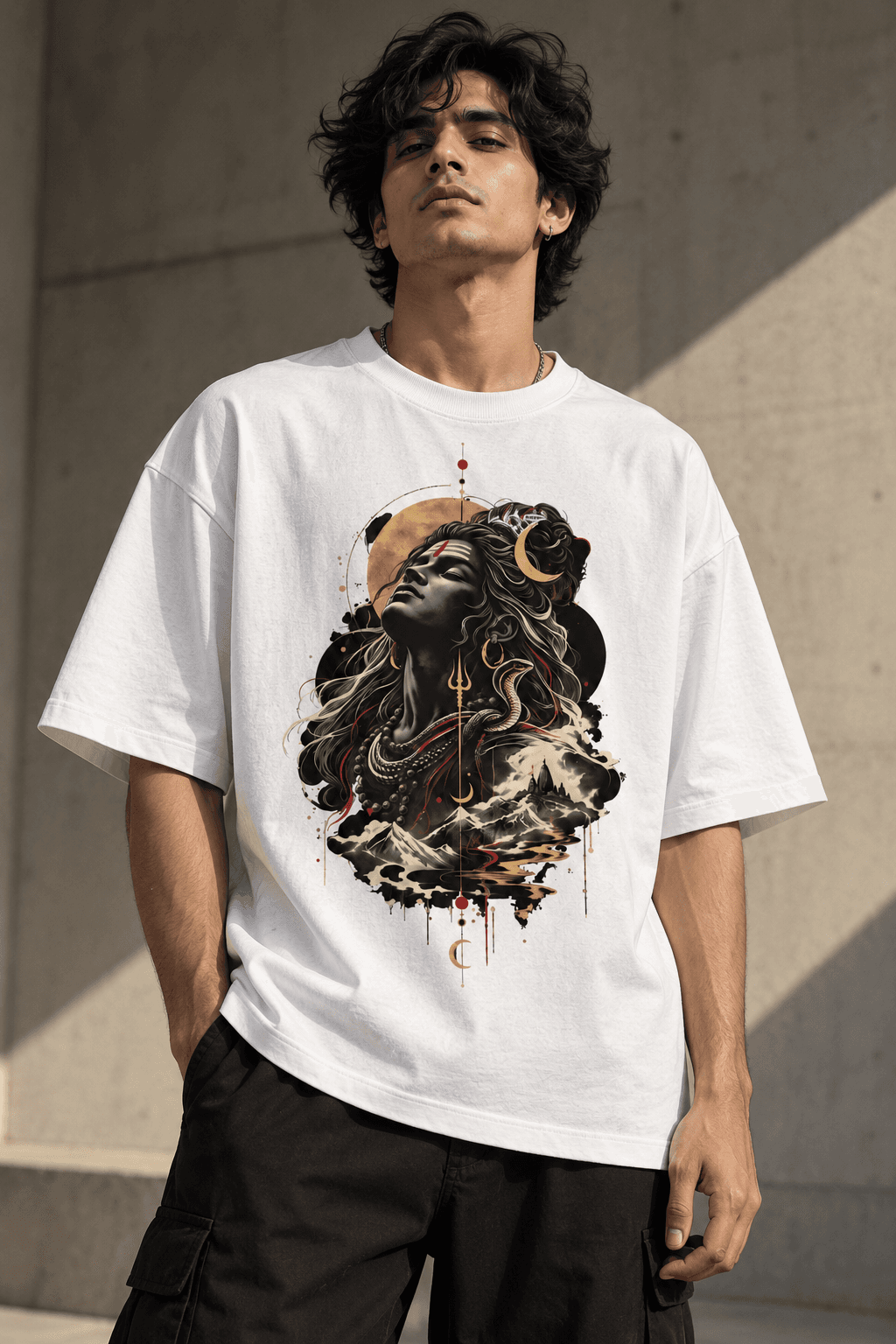 MUDDLY Unisex Oversized Classic T-Shirt (SHIVA MAHADEV) in White - 240 GSM French Terry Cotton oversized fit